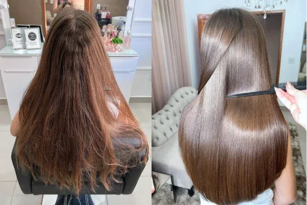 Antes e depois de cabelo com fios mais alinhados e brilho visível