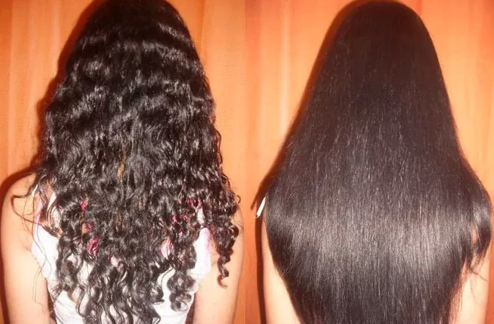 Antes e depois de cabelo cacheado com acabamento mais alinhado
