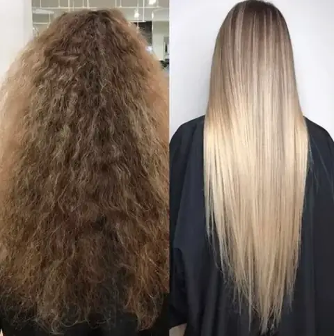 Antes e depois de cabelo volumoso com fios longos mais alinhados