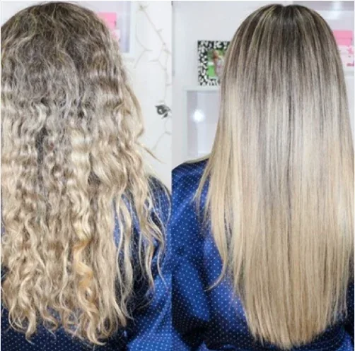 Antes e depois de cabelo loiro com acabamento mais liso