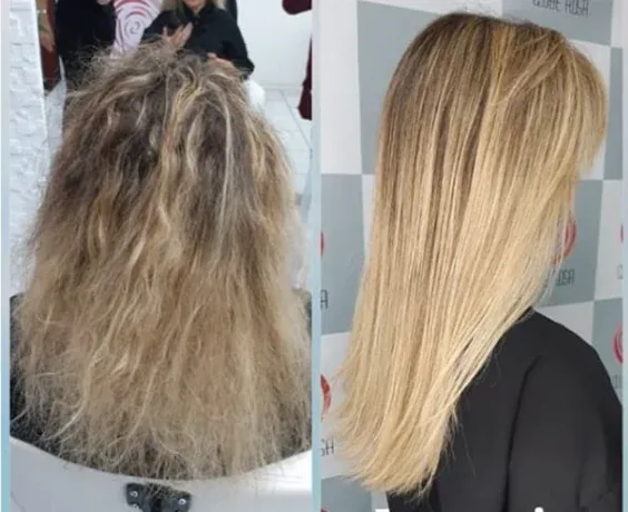 Antes e depois de cabelo loiro com redução de volume