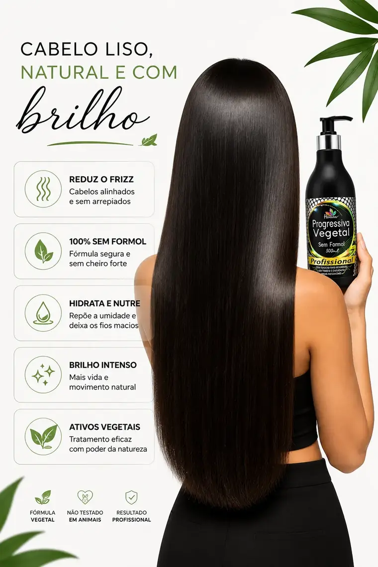 Modelo de costas mostrando cabelo liso e benefícios do produto