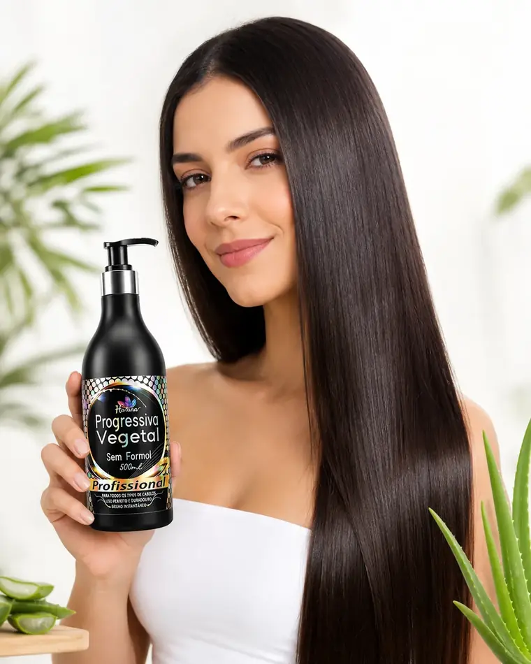 Modelo com cabelo liso segurando Progressiva Vegetal Havana